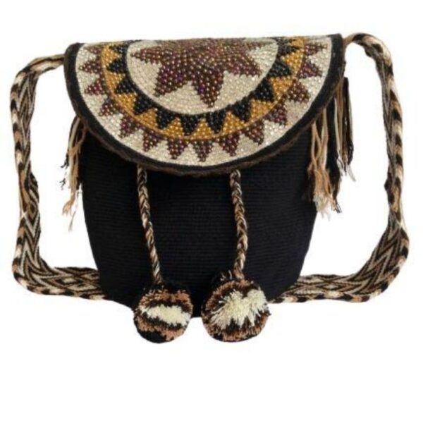 Mochila Wayuú Con Tapa Tipo Carriel Recamada En Pedrería