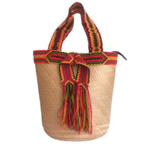 Bolso Canasto Wayuú Grande Elaborado En Paja Mawisa Y Gaza En Macrame