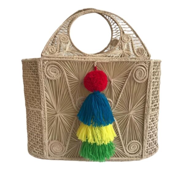 Bolso Canasto Grande Con Borlas Y Campaneros Multicolor
