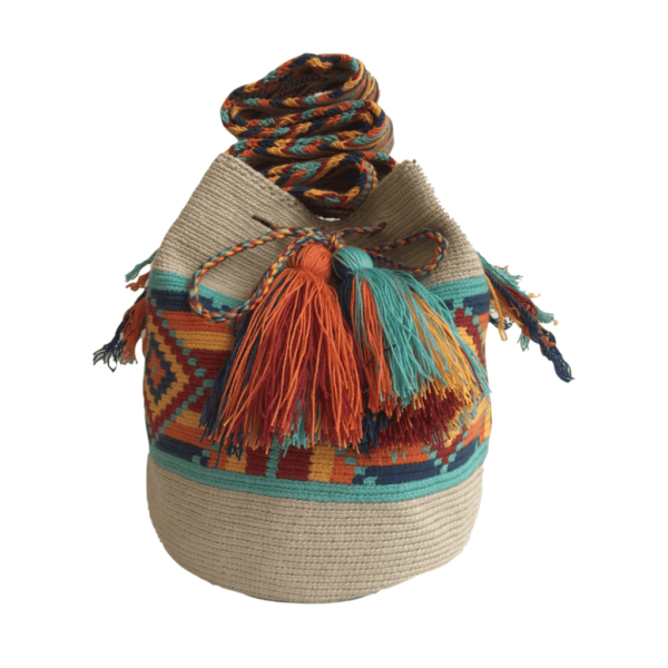 Mochila Wayuú Tradicional Diseño Étnico Sobre Unicolor