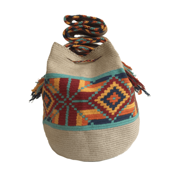 Mochila Wayuú Tradicional Diseño Étnico Sobre Unicolor