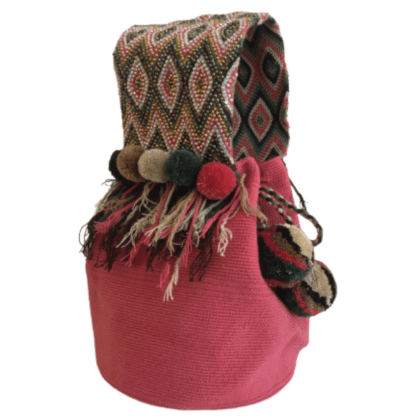 Mochila Wayuu Unicolor Gasa Ancha Recamada Con Piedras.