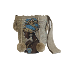 Mochila Wayuú Recamada En Pedreria Diseño Aplique Negra Africana