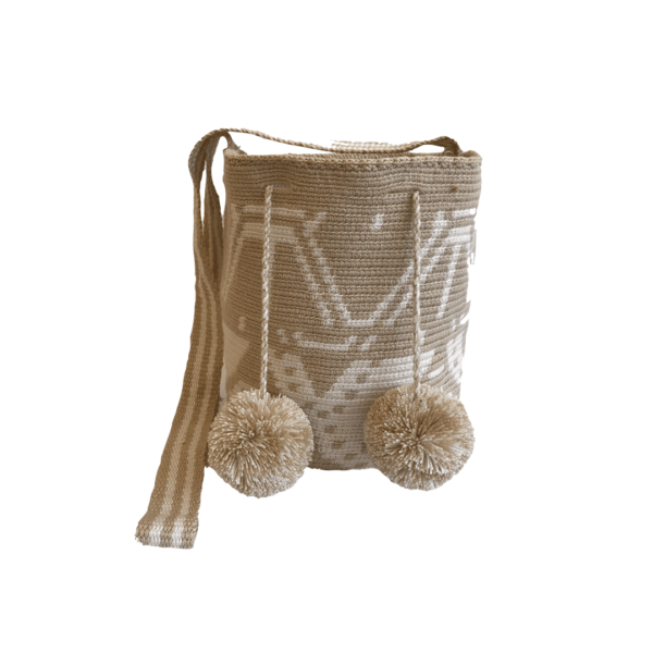 Mochila Wayuú Tradicional Gasa Tejida Diseño Etnico Color Beige - Blanco