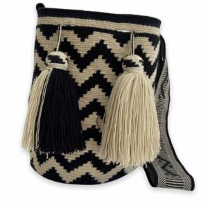 Mochila Wayuu Tradicional Diseño Étnico Colores Beige - Negro Gasa Paleteada