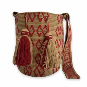 Mochila Wayuu Tradicional Diseño Étnico Colores Beige - Rojo Gasa Paleteada