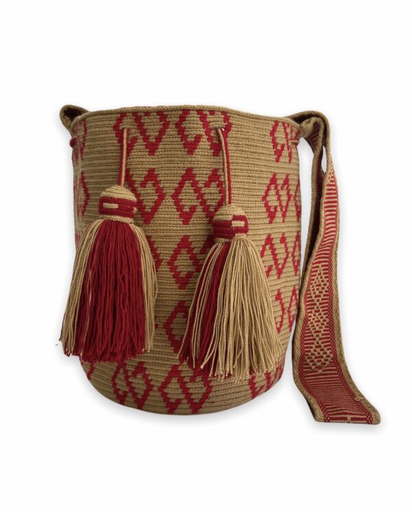 Mochila Wayuu Tradicional Diseño Étnico Colores Beige - Rojo Gasa Paleteada
