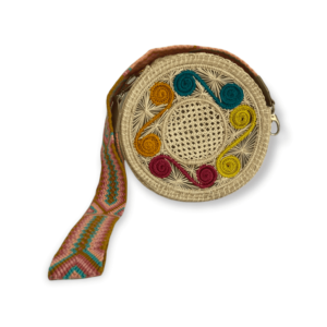Bolso Manos Libres Redondo Tejido En Iraca Con Gasa Wayuu