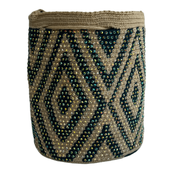 Mochila Wayuu Mediana Recamada En Pedrería Diseño Étnico - Imagen 2