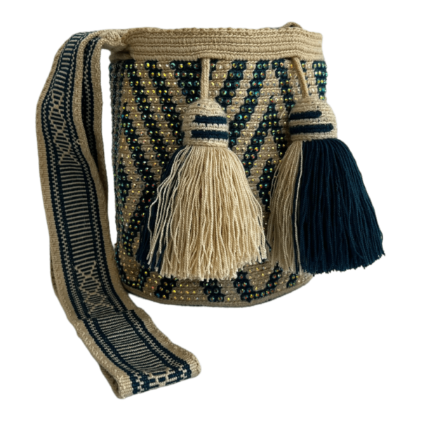 Mochila Wayuu Mediana Recamada En Pedrería Diseño Étnico