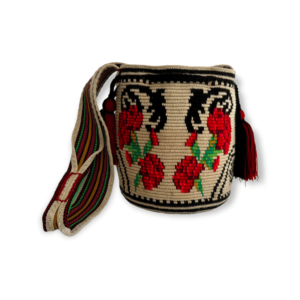 Mochila Wayuu Grande Tradicional Diseño Rosas Cierre Lateral Asa Paleteada