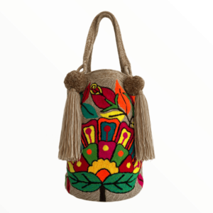 Mochila Wayuu Tapizada Tipo Bolso Extragrande Diseño Flores