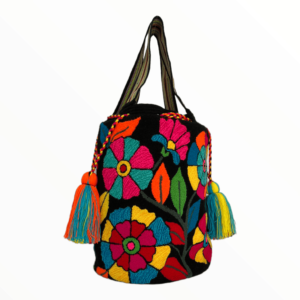 Mochila Wayuu Tapizada Tipo Bolso Extragrande Diseño De Flores - Fondo Negro