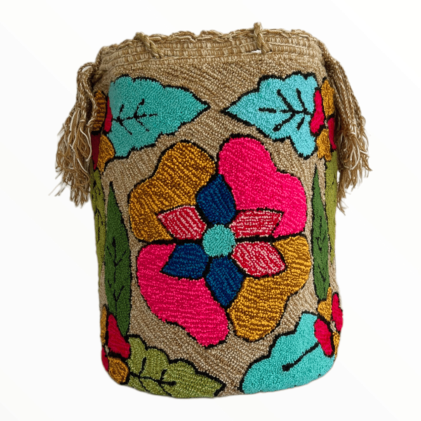 Mochila Wayuu Tapizada Grande Diseño Flores - Imagen 2